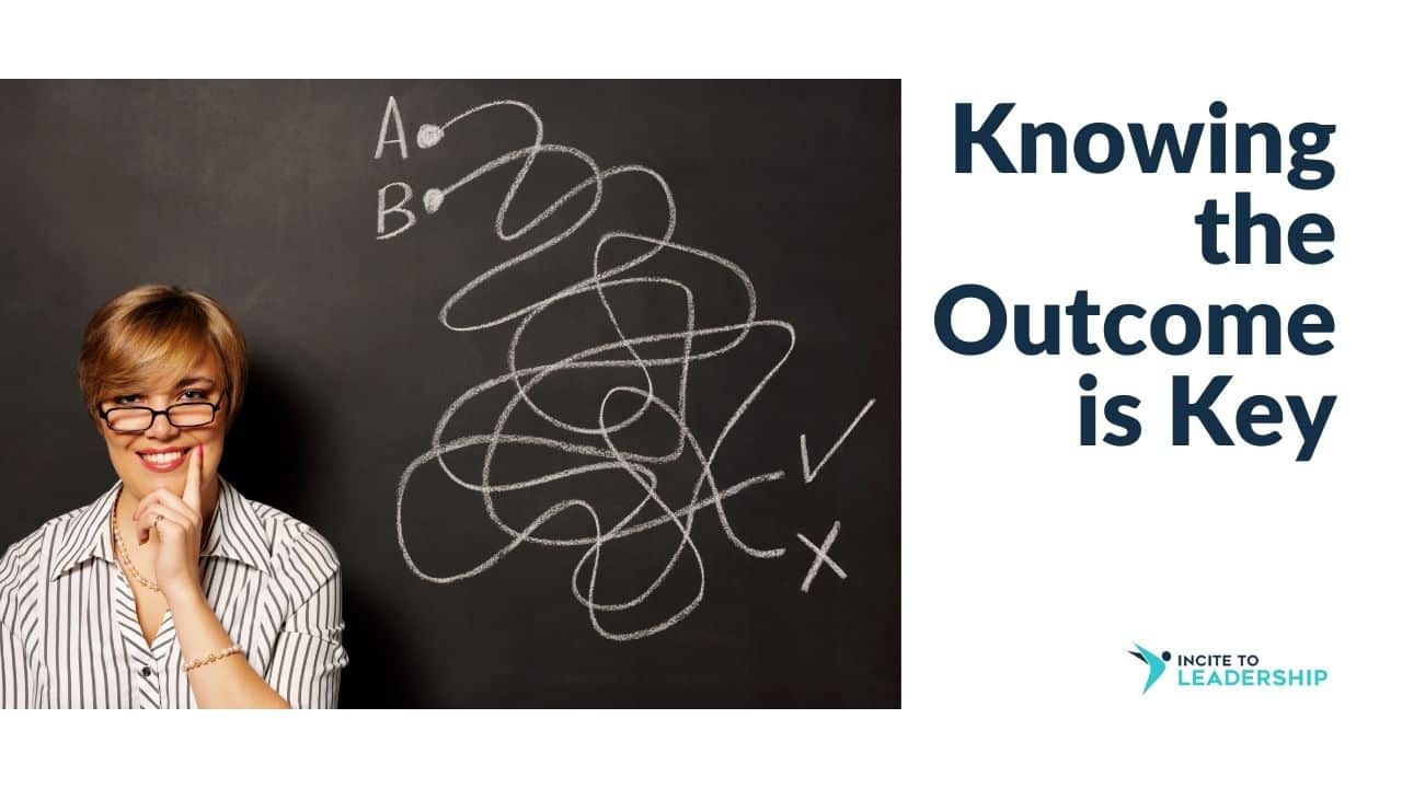 For this article by Jo Ilfeld, Executive Leadership Coach on outcomes the image shows a woman looking at a drawing showing a maze of lines on a board
