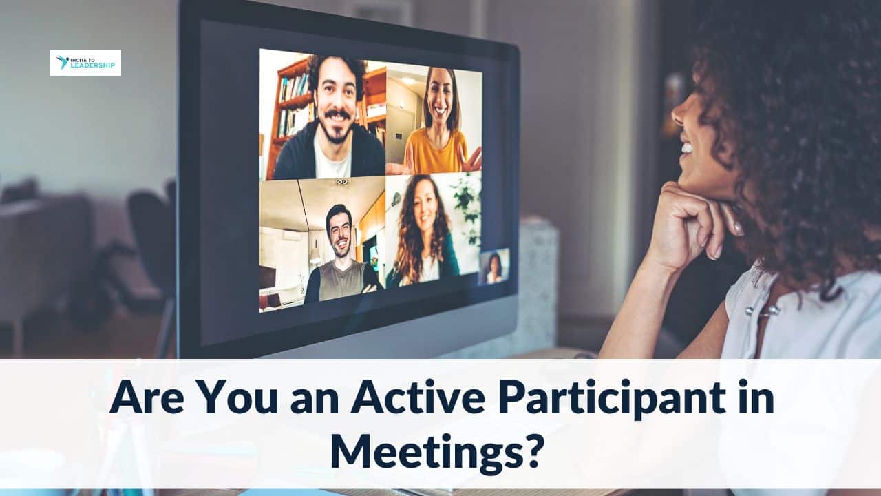 For this article by Jo Ilfeld, Executive Leadership Coach on being an active participant in meetings the image shows a woman sitting in front of a team on Zoom with an engaged presence,