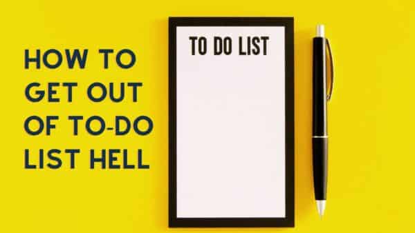 For this article by Jo Ilfeld, Executive Leadership Coach on to-do list hell the image shows a yellow background with a empty list and a pen next to it.